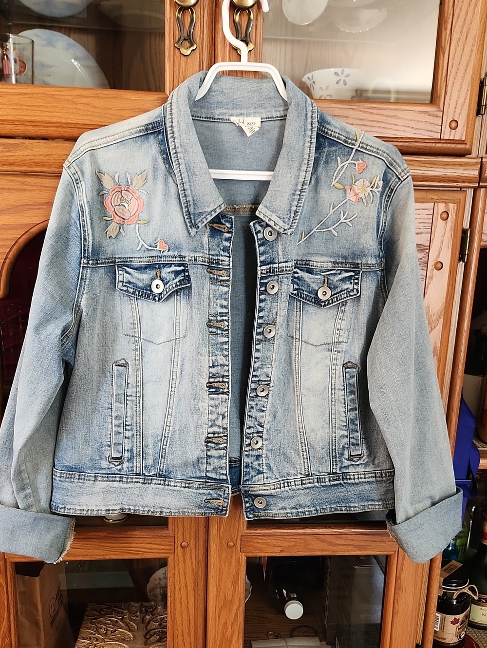 Light Wash Embroidered Denim Jacket - Women's